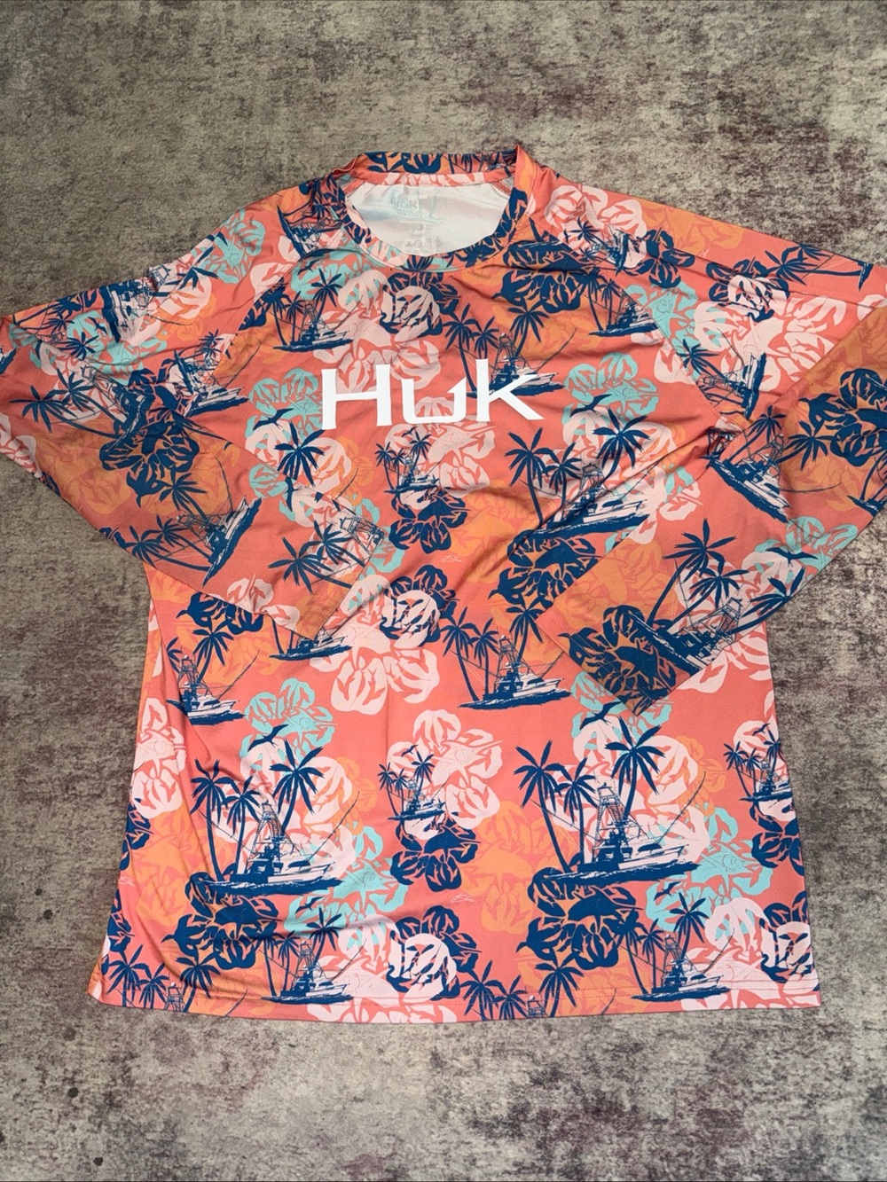 Huk mens Coral Tropical Print Long Sleeve Rashguard with Navy Accents